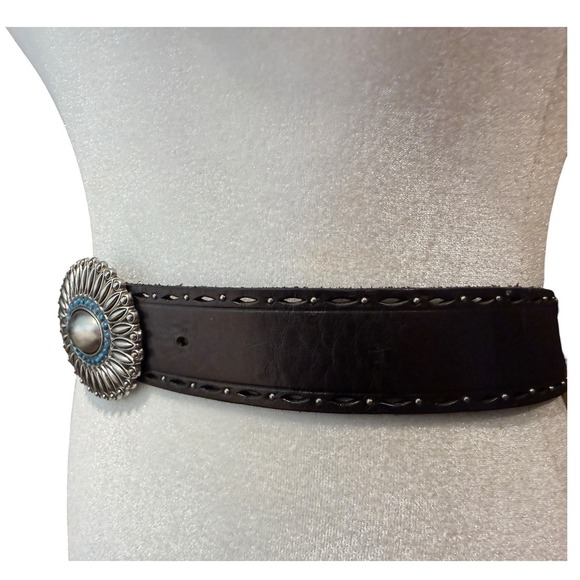 Fossil Brown Leather Belt Turquoise Concho Buckle Boho Western Fits 34-39 In main image 4